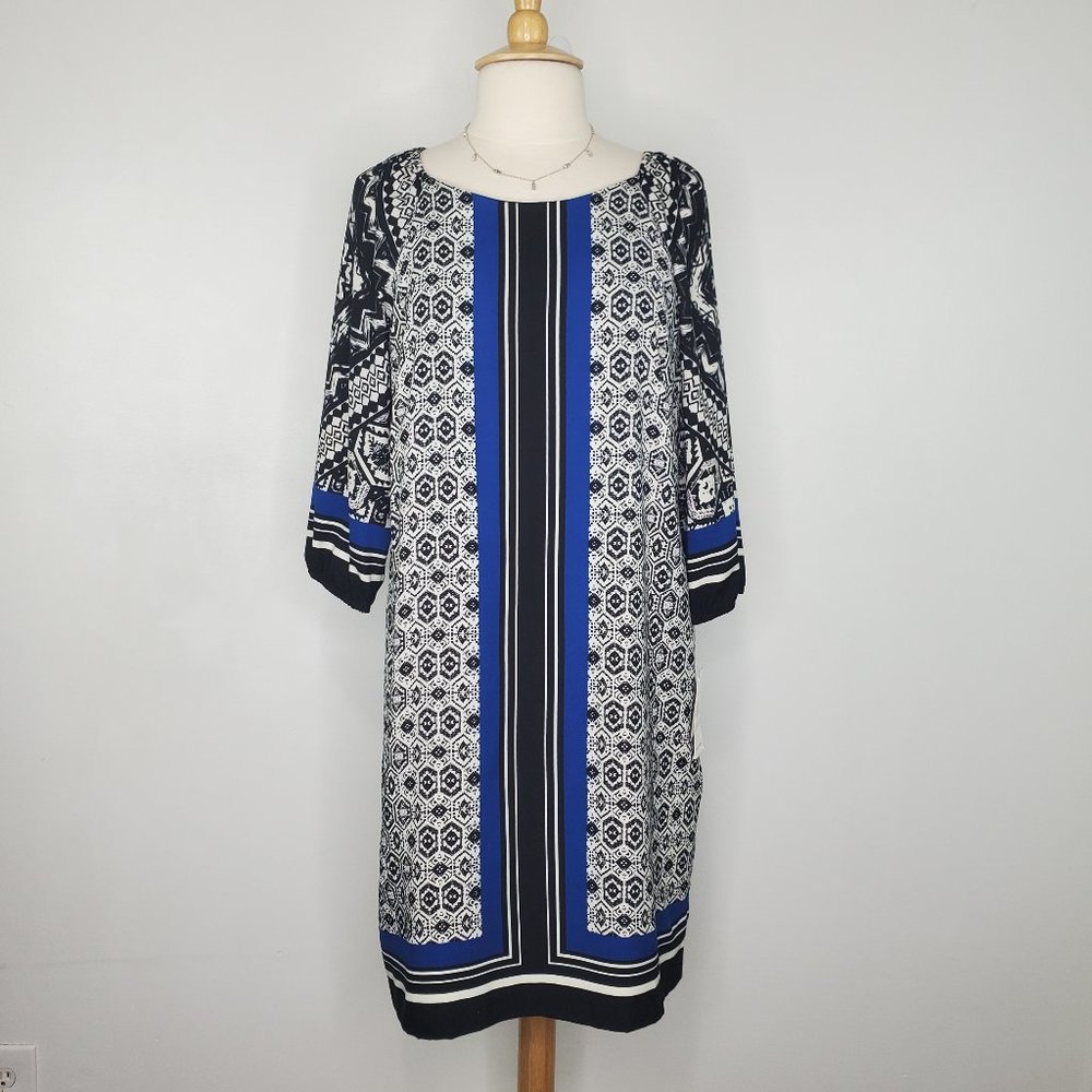 Beige by eci Blue Black White Mixed Pattern Classic Career Dress NEW Size 12